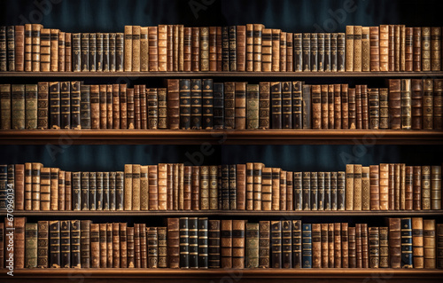 Bookshelves with antique books. Library or bookshop book shelf. Wallpaper background