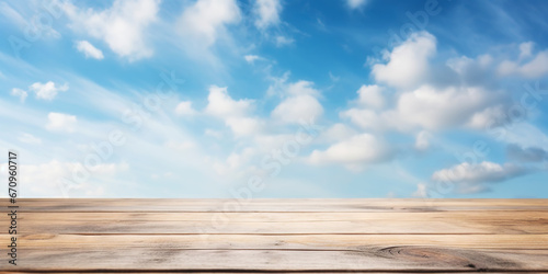 Wood table mockup with blue cloudy sky background. Empty copy space for product presentation. Generative AI