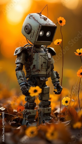 Unique Ugly Robot with Delicate Small Flower in Vibrant Cityscape at Glorious Sunset