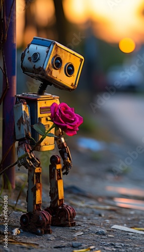 Unique Ugly Robot with Delicate Small Flower in Vibrant Cityscape at Glorious Sunset