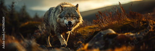 a lone aggressive gray wolf hunting in the wilderness photo