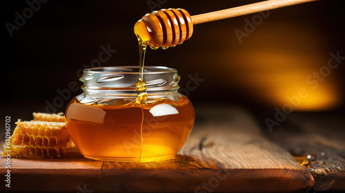 Close-up of a jar of honey, a dipper with dripping honey, on a wooden table with dark background. Generative AI