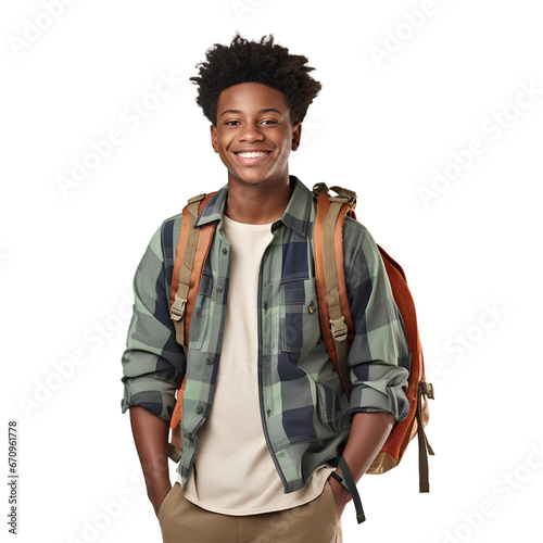 A black teenage boy holding a backpack stands and smiles,  isolated on transparent or white background, png