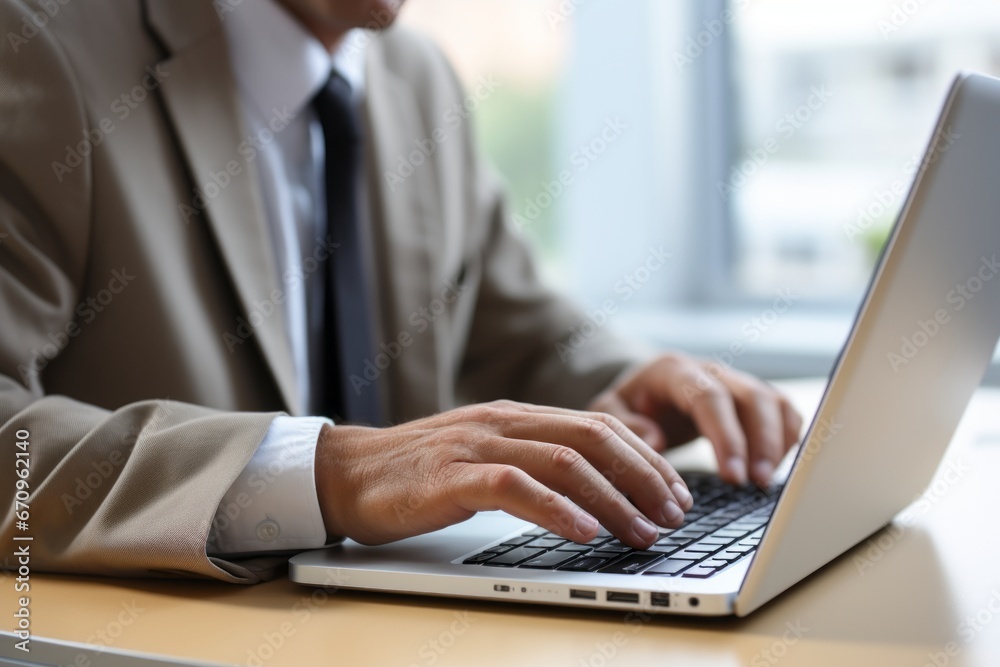 Productive online work. Close-up hand typing on laptop keyboard in well-lit office Productive online work. Close-up hand typing on laptop keyboard in well-lit office