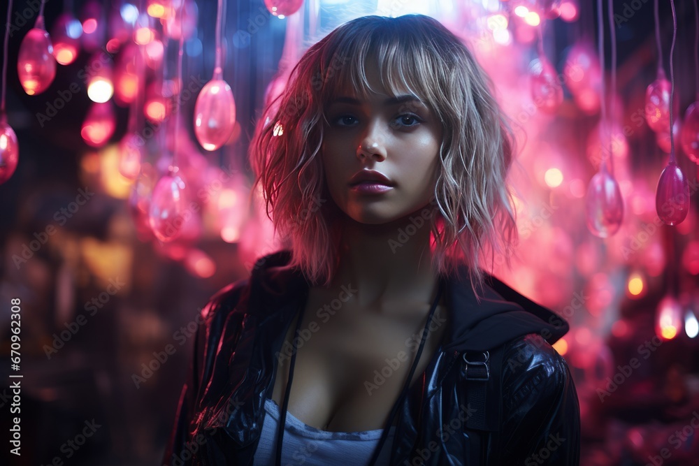 beautiful woman while walking along a night city street full of neon light. Close-up over shoulder beautiful woman while walking along a night city street full of neon light. Close-up over shoulder
