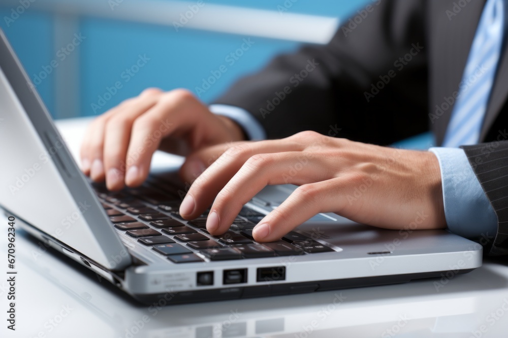 Close-Up of Hand Typing on Laptop Keyboard in Well-Lit Office for Online Marketing and Work Close-Up of Hand Typing on Laptop Keyboard in Well-Lit Office for Online Marketing and Work