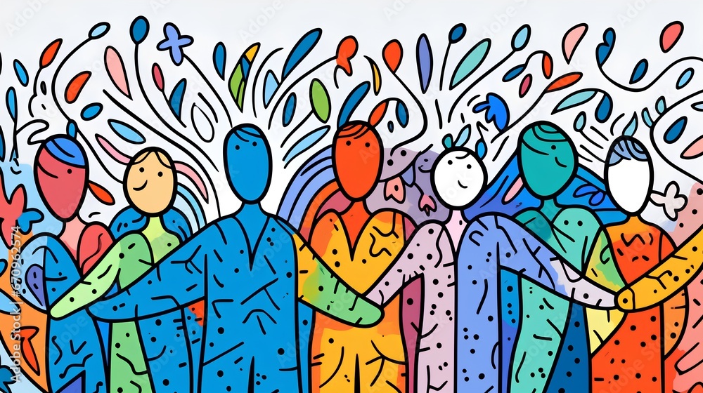Abstract illustration, diverse group of people. Modern and simplistic art style, with each individual represented by a unique color, emphasizing diversity and inclusivity.