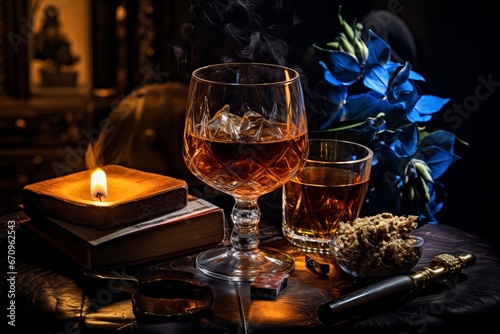 Sophisticated Evening Delight. Aromatic Cognac, Smooth Cigar, and the Alluring Mood of the Night