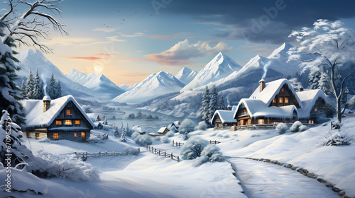 Capture the charm of a picturesque village nestled in the heart of the mountains, adorned with epic snowscapes. This highly detailed banner is the perfect wintry scene.
