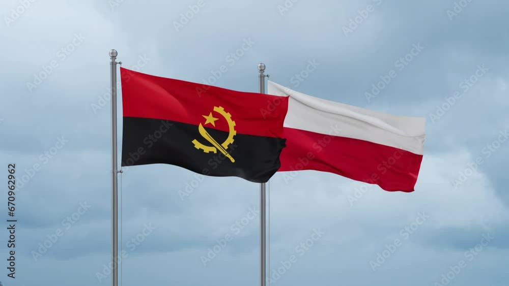 Poland and Angola flag waving together on cloudy sky, endless seamless loop, two country cooperation concept Poland and Angola flag waving together on cloudy sky, endless seamless loop, two country cooperation concept