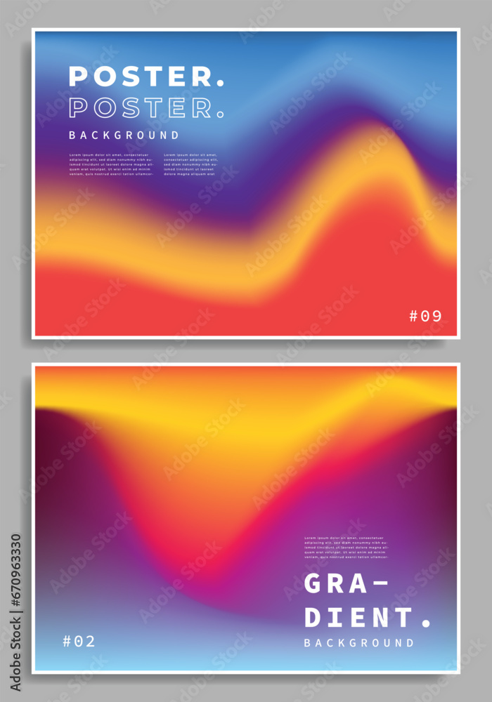 Colorful blurred fluid gradient mesh background set. Wavy color gradation backdrop. Smooth and vibrant color poster or banner design. Suitable for catalogue, event, or art graphic element.