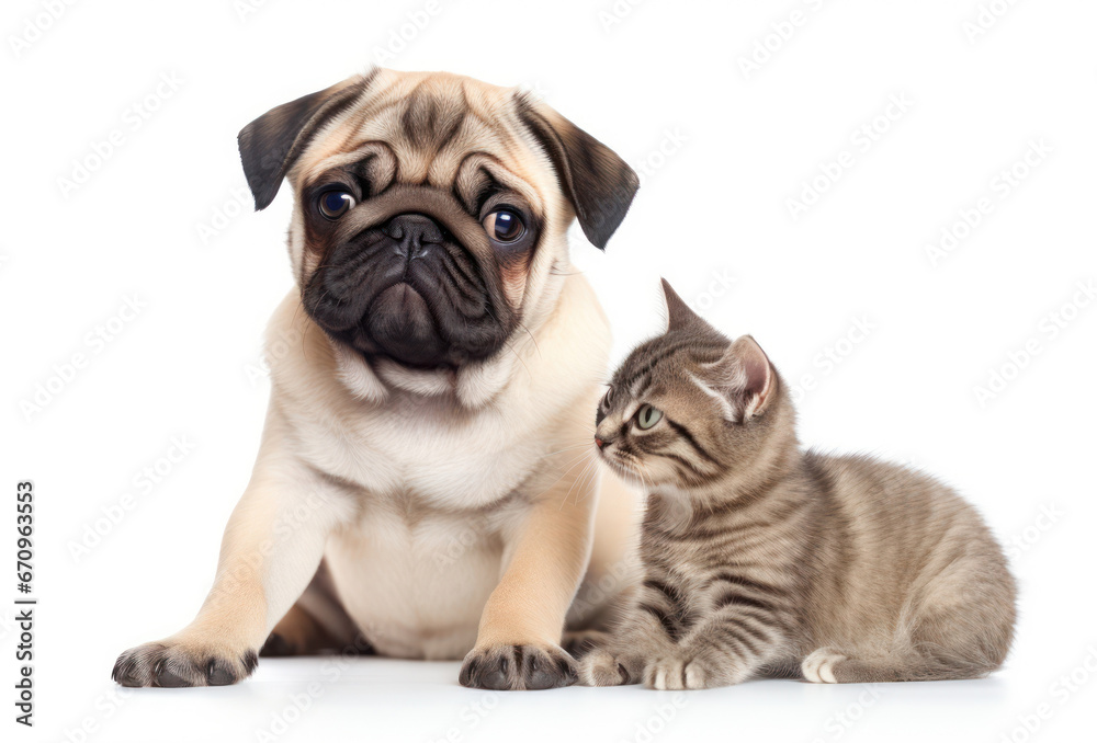 Pug Dog and Curious Kitten, Unlikely Best Friends Isolated on White Background