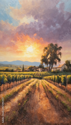 Impressionist oil artwork of a rural vineyard at sunset, celebrating the beauty of nature.