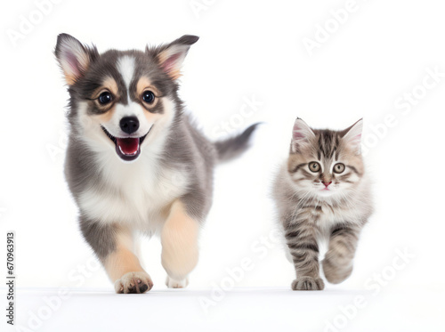 The Playful Dog and Curious Kitten Running Isolated on White Background