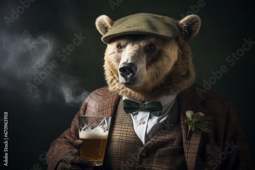 Anthropomorphic Bear in Classic Mens Attire, Enjoying a Beer Glass on Dark Background