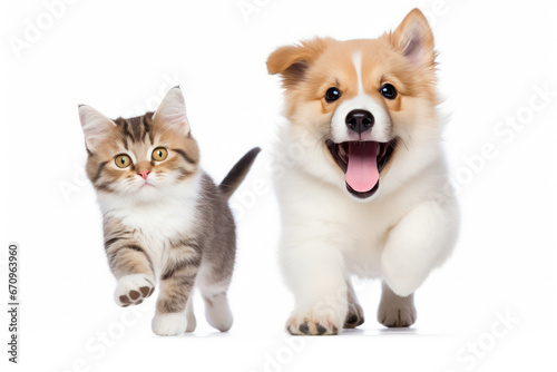 The Playful Dog and Curious Kitten Running Isolated on White Background