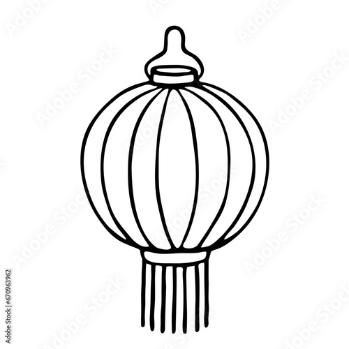 Hanging Chinese lantern with fringe isolated on white. Black line drawing sketch in doodle style. Vector picture for oriental culture and traditional decoration illustration, holiday design, print.