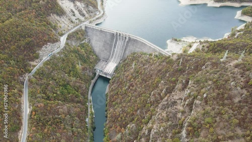 Aerial Autumn view of Vacha (Antonivanovtsi) Reservoir, Rhodope Mountains, Plovdiv Region, Bulgaria photo