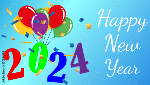 Happy New Year 2024. Festive background with beautiful multi-colored balloons and confetti on a blue gradient background. Vector illustration.