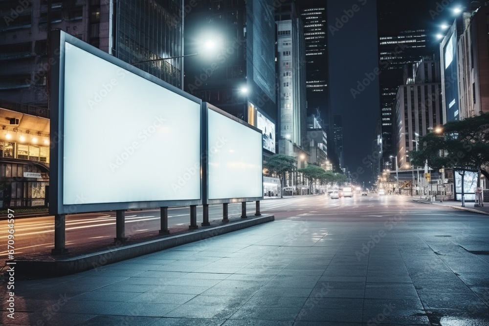 An empty billboard in the night city. Generated by artificial intelligence An empty billboard in the night city. Generated by artificial intelligence