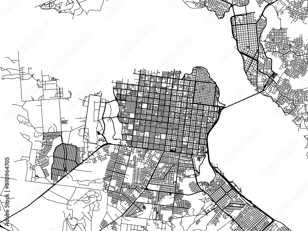 Naklejka premium Vector road map of the city of Posadas in Argentina with black roads on a white background.