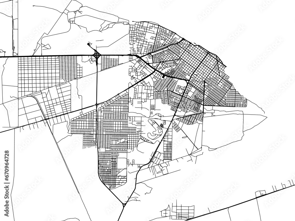 Vector road map of the city of  Rio Gallegos in Argentina with black roads on a white background.