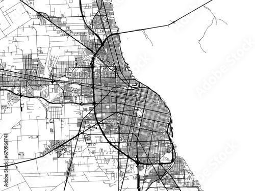 Vector road map of the city of  Rosario in Argentina with black roads on a white background.