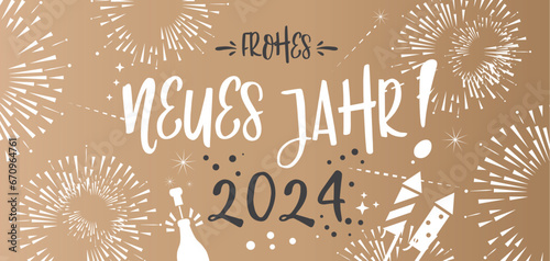Neujahrsgruß 2024 mit Feuerwerk und deutschem Text auf goldenem Hintergrund