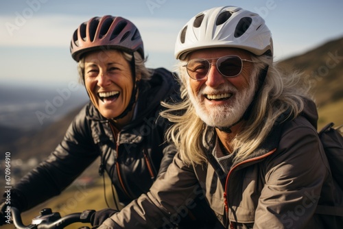 Elderly couple rides bicycles in a summer park, a man and a woman wearing a helmet, a healthy lifestyle concept.