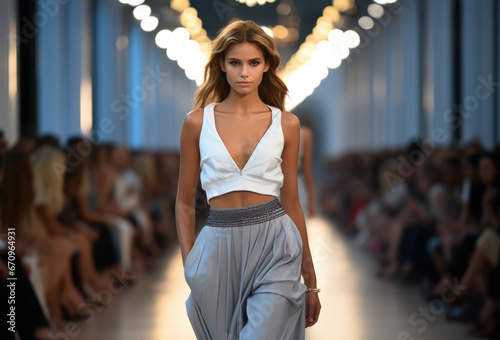 A model walks the runway at fashion week.