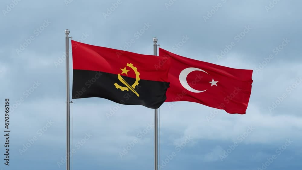 Republic of Turkey and Angola flag waving together on cloudy sky, endless seamless loop, two country cooperation concept Republic of Turkey and Angola flag waving together on cloudy sky, endless seamless loop, two country cooperation concept