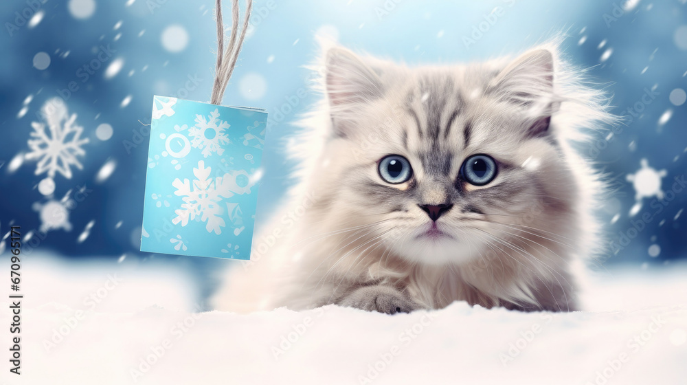 A fluffy gray kitten lies on the snow near a hanging tag or clothing label. Free space for product placement or advertising text.