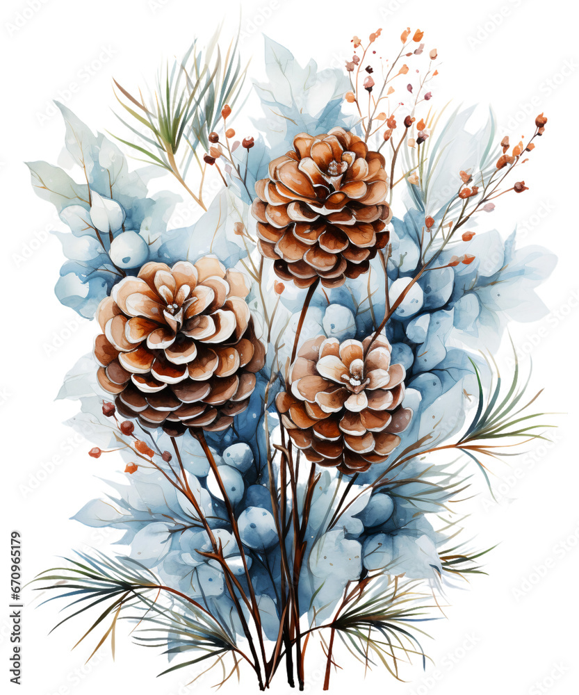 Elegant Winter Botanicals Watercolor Clipart Collection, transparent background, Created using generative AI Elegant Winter Botanicals Watercolor Clipart Collection, transparent background, Created using generative AI