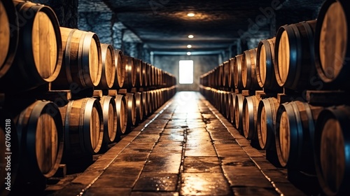 Old aged traditional wooden barrels with whiskey in a vault lined up, Wine cellar.