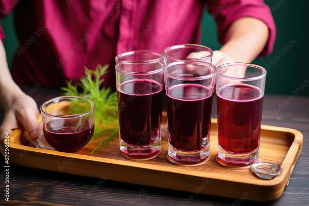 hand carrying a tray with a pitcher and glasses of beet kvass hand carrying a tray with a pitcher and glasses of beet kvass