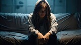 Sad teenage girl sitting in a dark room, Depression and frustration, Concept of mental health.