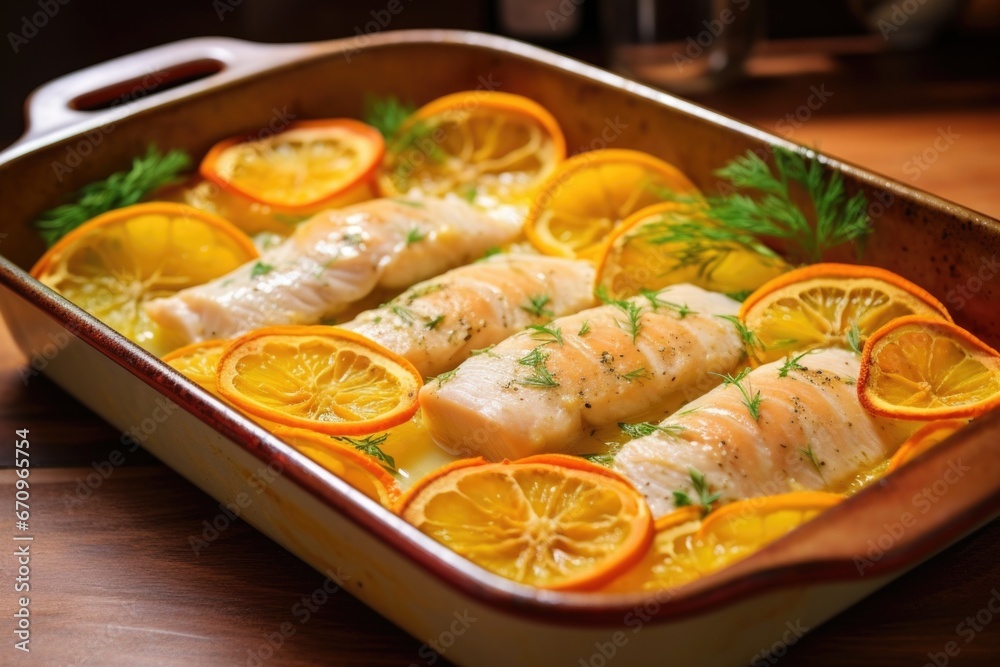 fish fillets in a citrus sauce in a baking dish fish fillets in a citrus sauce in a baking dish