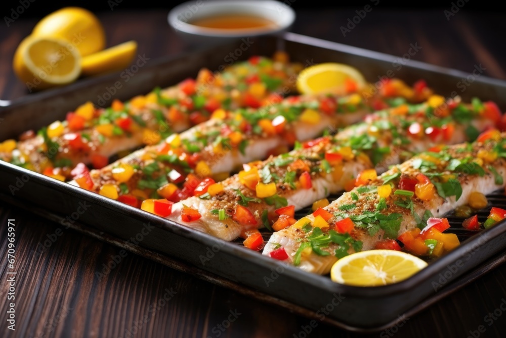 white fish fillets glazed with mandarin salsa on a tray white fish fillets glazed with mandarin salsa on a tray