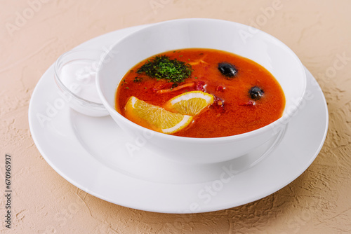 soup solyanka closeup in a bowl