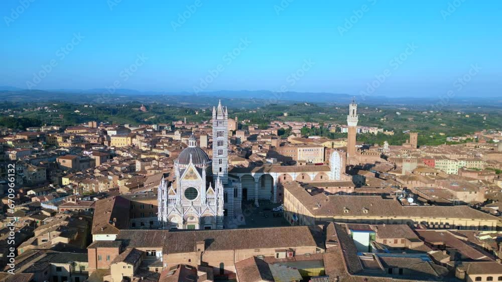 Cathedral aerial view flight drone. Siena Brick building old town Tuscany Italy Cathedral aerial view flight drone. Siena Brick building old town Tuscany Italy