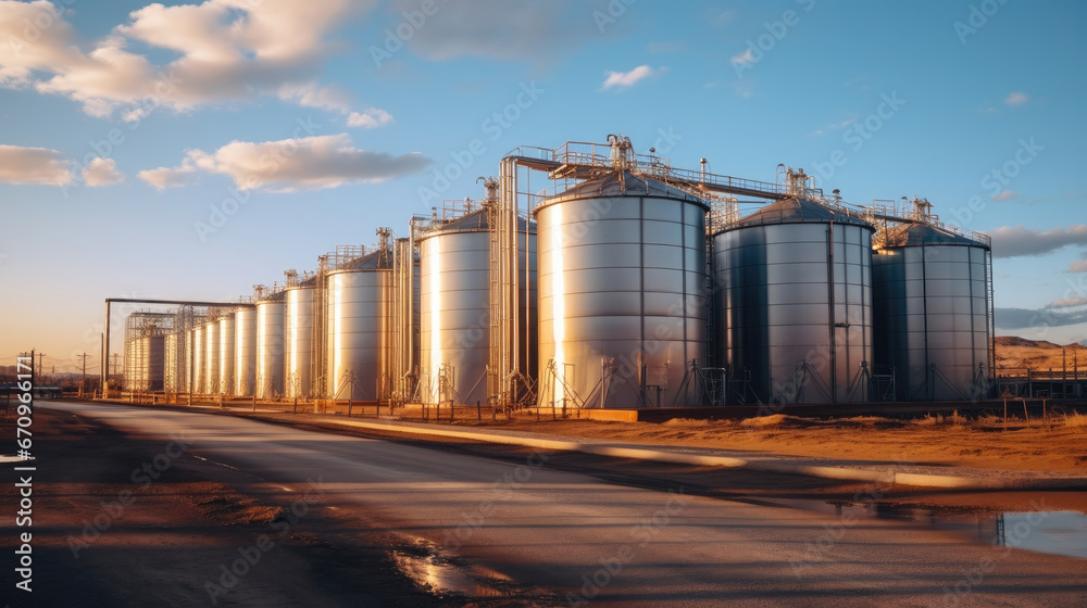 Large storage tanks and silos used for storing raw materials in rural setting.