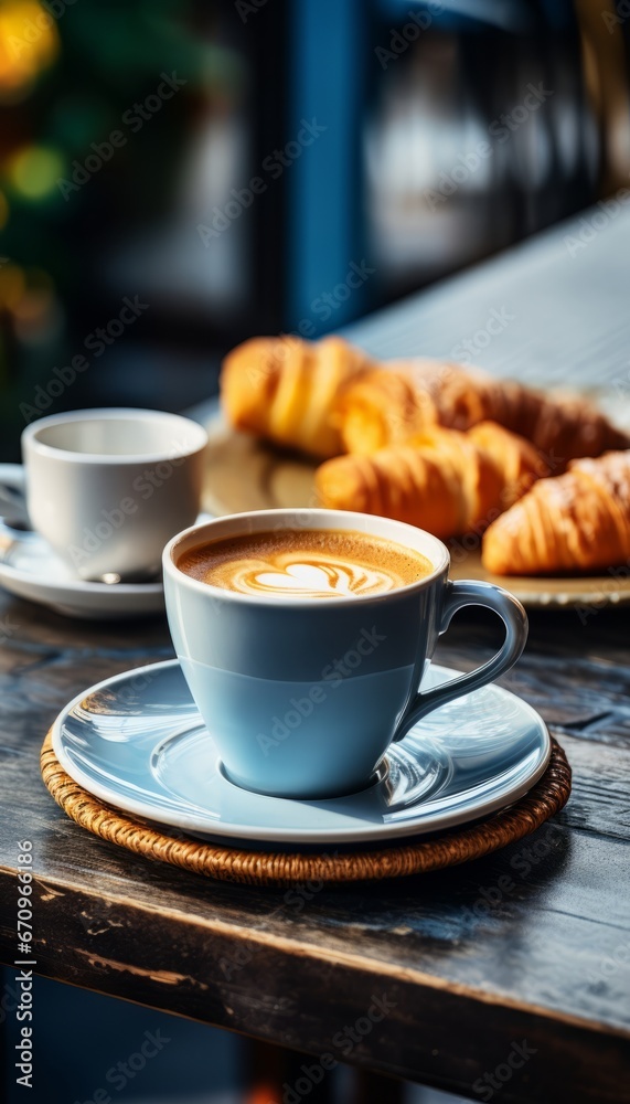 Delicious Coffee Mug with Freshly Baked Pastry on a Sunlit Sidewalk Table at a Charming French Cafe Delicious Coffee Mug with Freshly Baked Pastry on a Sunlit Sidewalk Table at a Charming French Cafe