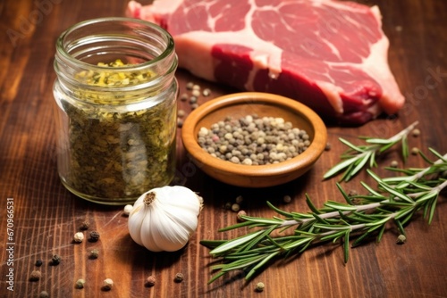 small jar of homemade rosemary and garlic rub next to raw lamb