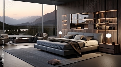 Modern bedroom  furniture with a bed  wardrobe and mirror  In the style of dark gray and light brown.