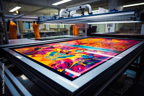 Serigraphy silk screen print process at clothes factory frame squeegee and carousel