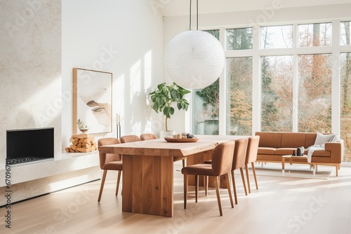Interior design of modern dining room, wooden table with chairs in combination of boho and japandi style 3d rendering photo