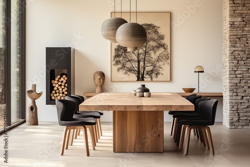 Interior design of modern dining room  wooden table with chairs in combination of boho and japandi style 3d rendering