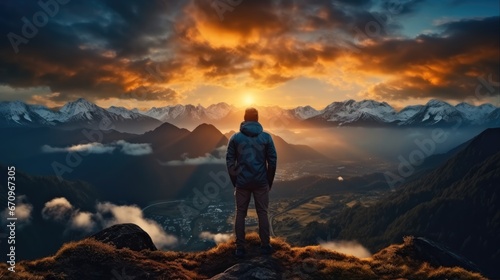 A hiker stands on mountain top watching sunrise.