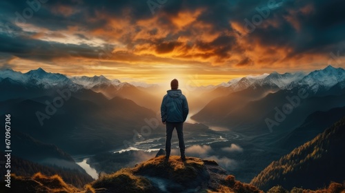 A hiker stands on mountain top watching sunrise. © visoot