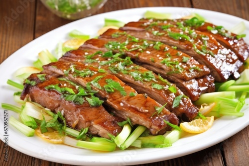 close shot of glazed pork ribs garnished with spring onions